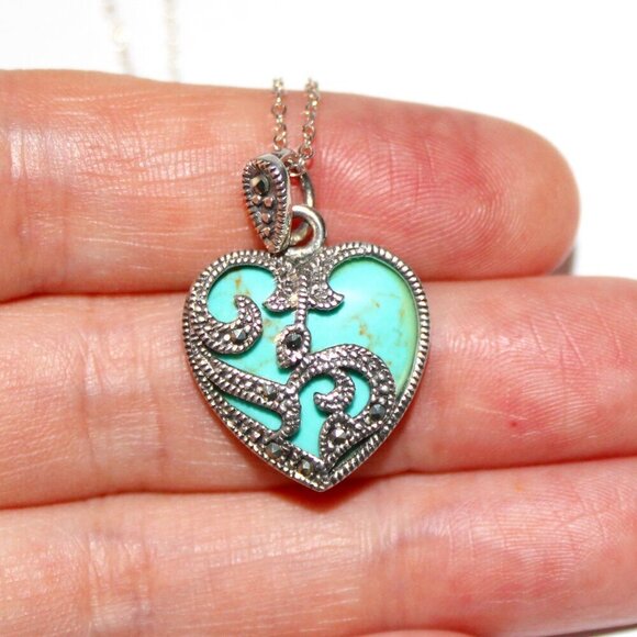 Sterling Silver Faux Turquoise & Marcasite Heart Necklace - Picture 6 of 6